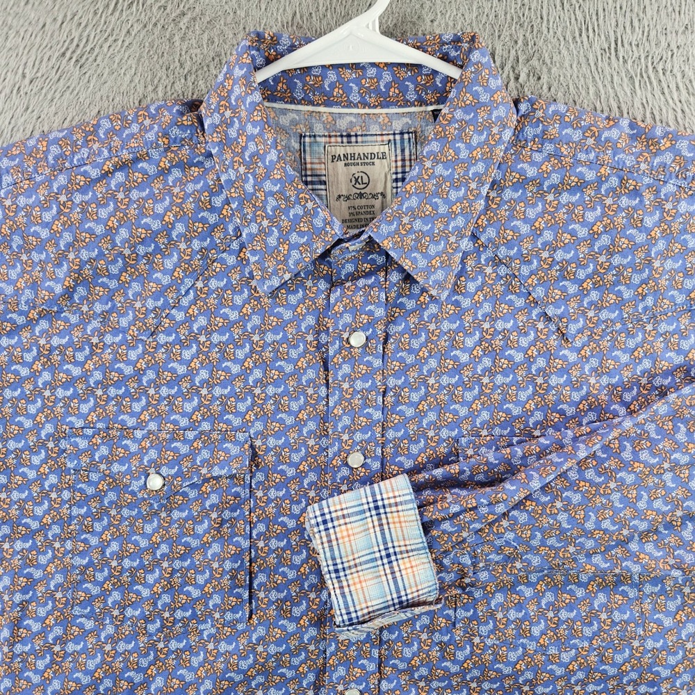 Panhandle Rough Stock Womens XL Blue Orange Paisley Pearl Snap Western Shirt